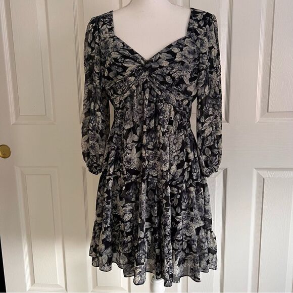 Cinq a Sept Harlie Floral Print Balloon Sleeve Dress in Slate Multi US 10 NEW - Picture 3 of 9
